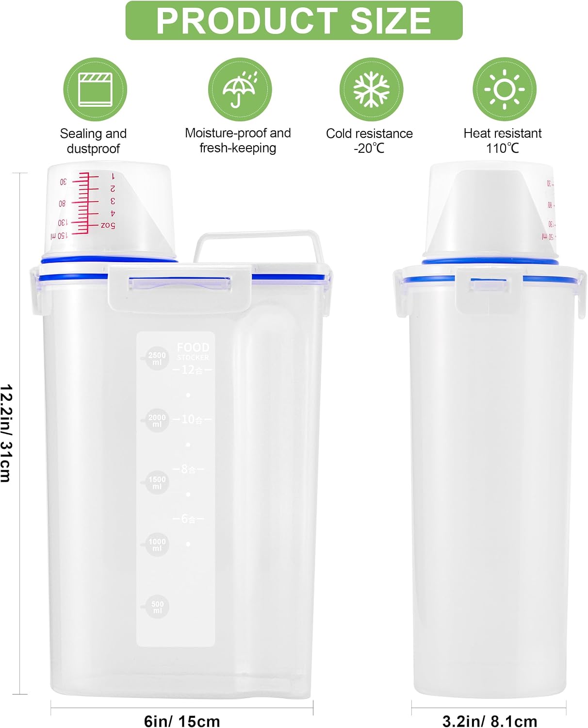 2 Pcs 5.5Lbs Rice Dispenser Storage Containers, Rice Container with Measuring Cup & Pour Spout, Kitchen Plastic Airtight Container for Cereal, Grain, Flour, Sugar, Oatmeal, Dry Pet Dog Food