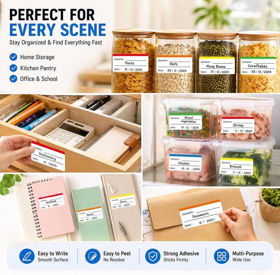 500 pcs Food Labels, 1.18 x 2.36 Inch Freezer Labels, Removable for Food Containers, Mason Jars, Water/Oil/Tear Resistant, No Residue Food Storage Labels, Perfect for Kitchen