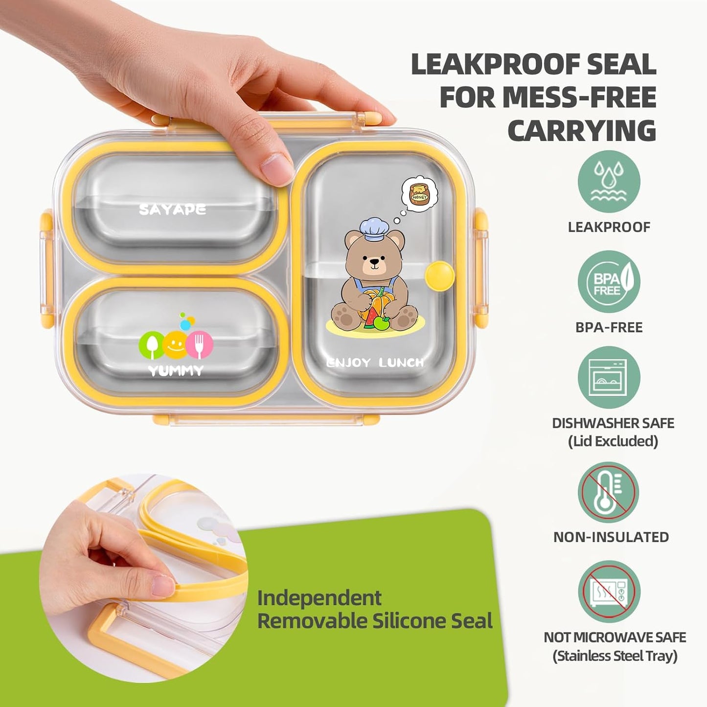 SAYAPE Stainless Steel Bento Lunch Box for Kids, 26.4 oz Leak-Proof 3-Compartment Metal Bento Box, BPA-Free, Cute Cartoon Meal Prep Snack Container with Utensils for School, Office, Travel - Beige