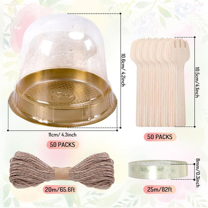 Whaline 50 Sets Disposable Individual Charcuterie Cup Clear Plastic Round Cake Boxes with Dome Lids Mini Wooden Spork Rope for Outdoor Snack Packing Open Houses Gatherings Wedding Party Event
