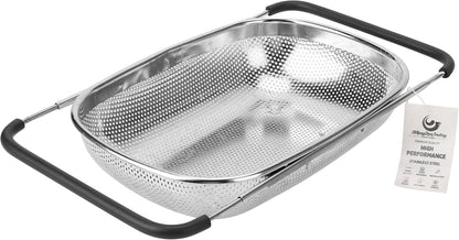 ZDRongZhen Kitchen Accessories Over the Sink Colander Strainer Basket，Stainless Steel Colander with Expandable Rubber Grip Sink Drainer-Rinse Vegetables Fruits &Strain&Drain (Large-Fine mesh)