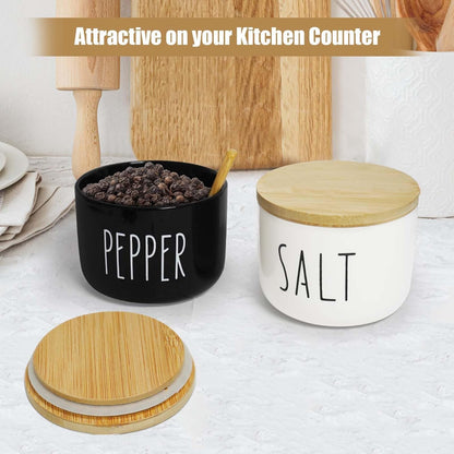 Farmhouse Salt And Pepper Containers,Salt Containers For Countertop,Stacked Ceramic Cellar With Bamboo Lid, Spice Box With Spoon,Seasoning Holder with lid,Ceramic Bowls (B&W H)