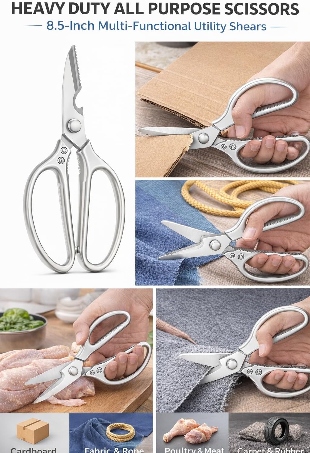 Heavy Duty Multipurpose Stainless Steel Scissors, Perfect for Utility, Kitchen Shears, Poultry Shears - Silver