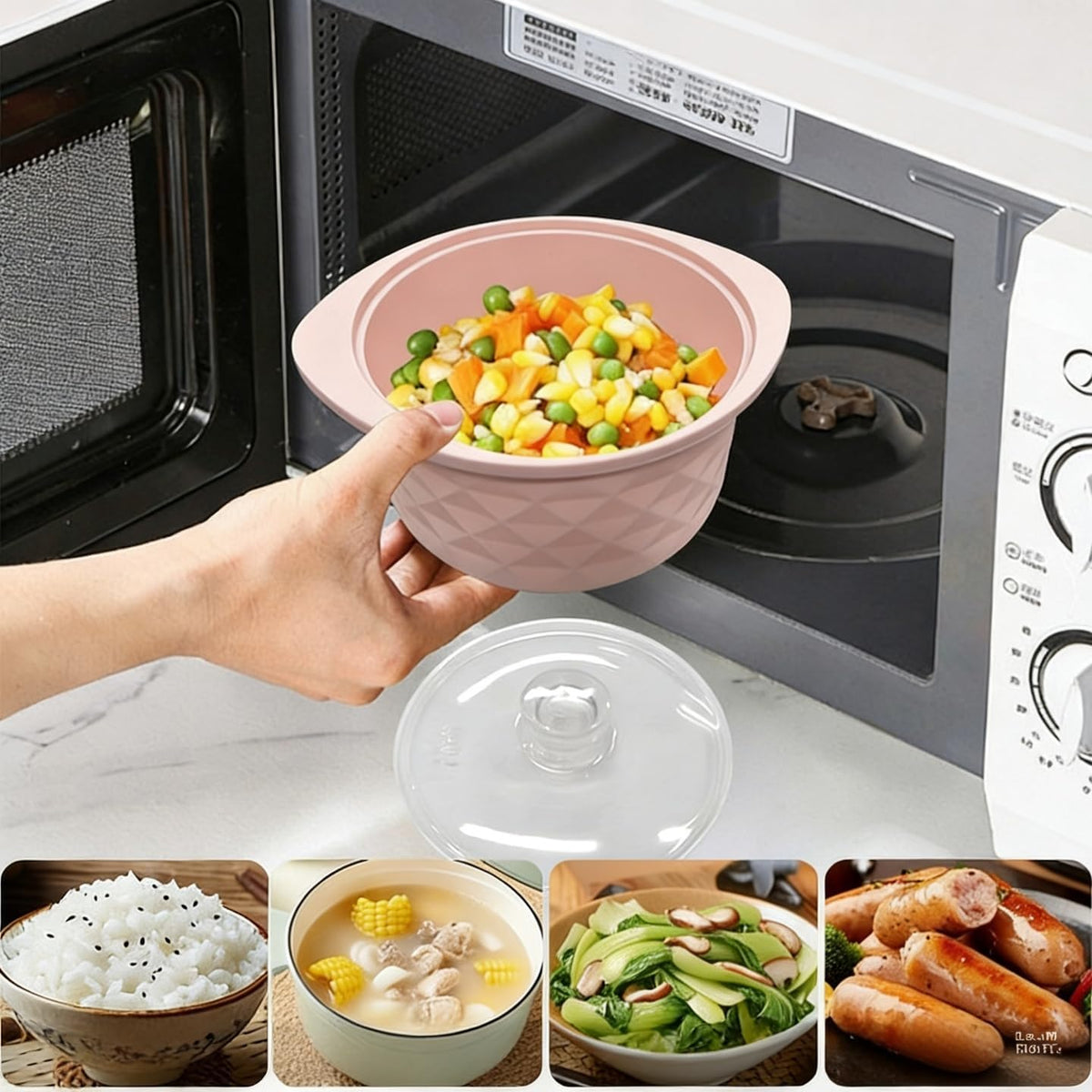 30oz Microwave Silicone Steamer, Oven & Dishwasher Safe to 482°F, Easy Clean, Microwave Pot with Handle & Lid, Korea Design 100% Food Grade Steamer Bowl (900ml)