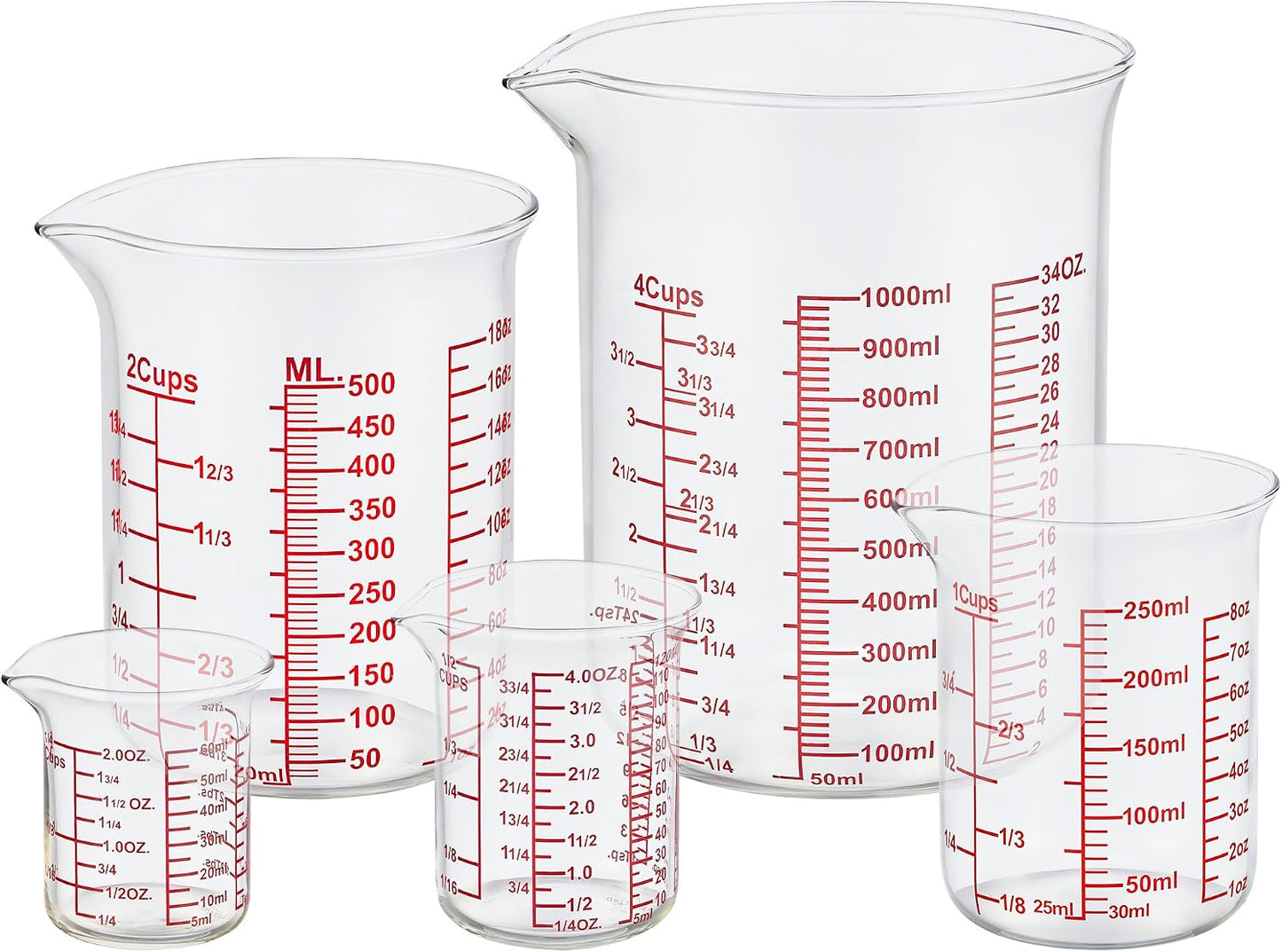 3 Piece Glass Measuring Cup Set, Includes 1/2-Cup, 1-Cup, and 2-Cup High Borosilicate Glasss Liquid Measuring Cups, Dishwasher, Freezer, Microwave, and Preheated Oven Safe, Essential Kitchen Tools
