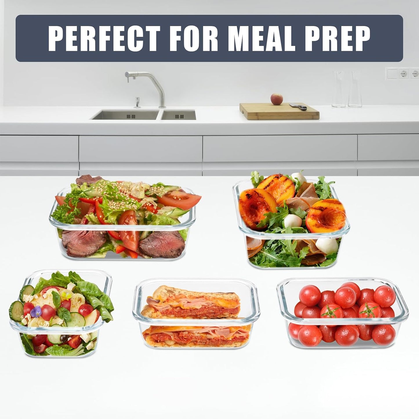 6Pack 22oz Glass Meal Prep Containers, Glass Food Storage Containers Sets with Snap Leak Proof Lids for Microwave, Oven, Freezer and Dishwasher Safe (Grey, 22oz)