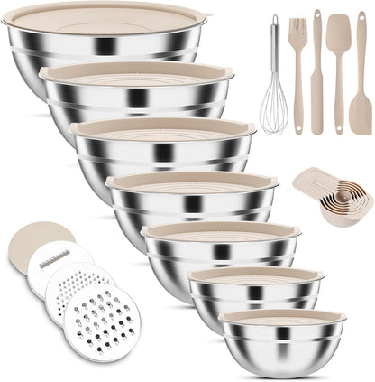 ENVTEK Mixing Bowls with Lids Set, 7 PCS Stainless Steel Mixing Bowls with 3 Grater Attachments, Size 4.5, 4, 3.5, 2.1, 1.5, 1.1, 0.7QT, Ideal for Kitchen Cooking Baking & Serving