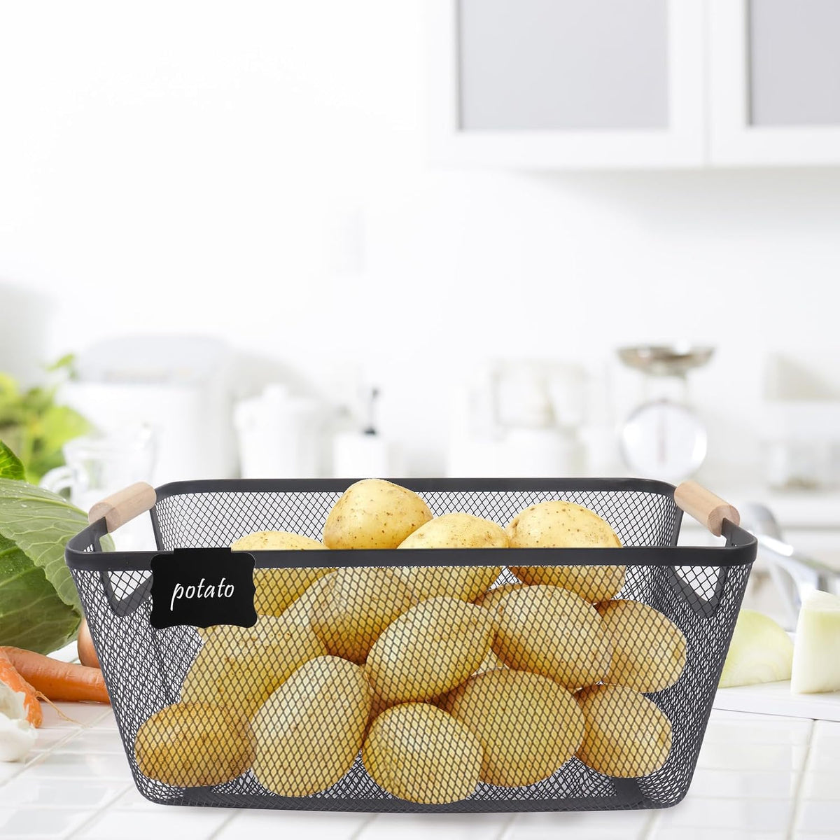Potato and Onion Storage Bin, 2 Set Potato Bin Storage and Onion Container with Wooden Handle, Pantry Kitchen Organization and Storage, Metal Mesh Baskets for Fruit, Vegetable, Produce-White