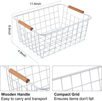 Wire Basket 4 Pcs Wire Storage Baskets Wire Baskets Organizing with Wooden Handles Wire Basket Pantry Organization and Storage Metal Wire Food Storage Basket for Kitchen, Cabinets (Black 4PCS)