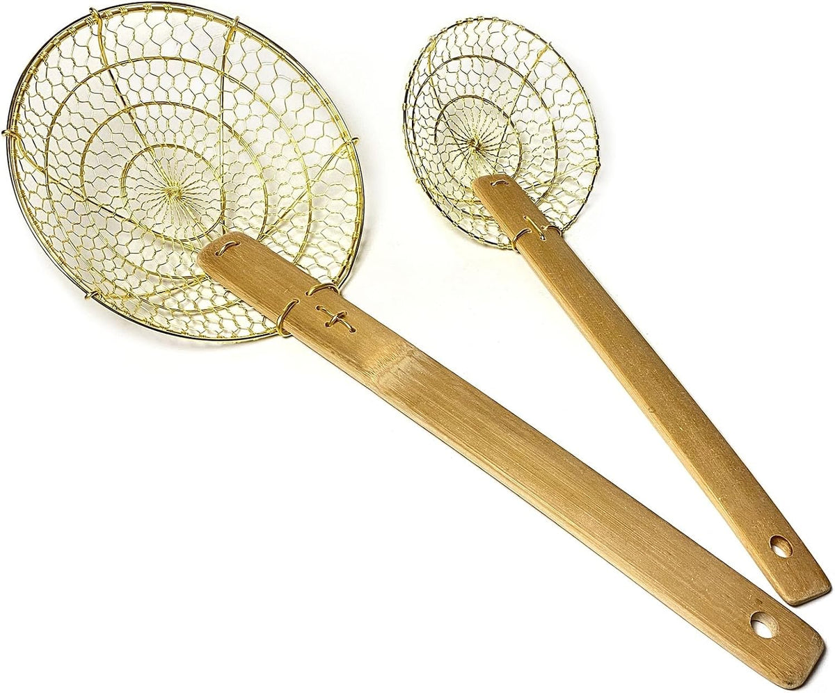 5" & 7" Round Brass Spider Strainer with Bamboo Handles Set Sunrise Kitchen Supply