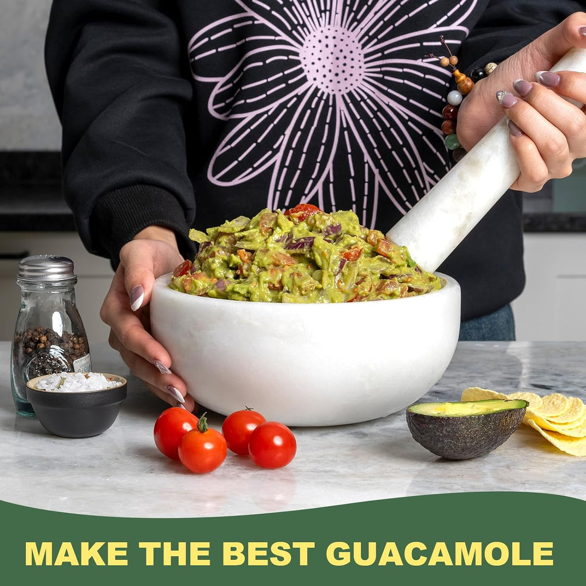 Koville Luxury Marble Mortar and Pestle Set, 7"-4cups Grinder Bowl for Guacamole, Salsa, Pill Crusher, Spice, Herb, Garlic, Nut, Heavy Duty Grinder for Kitchen