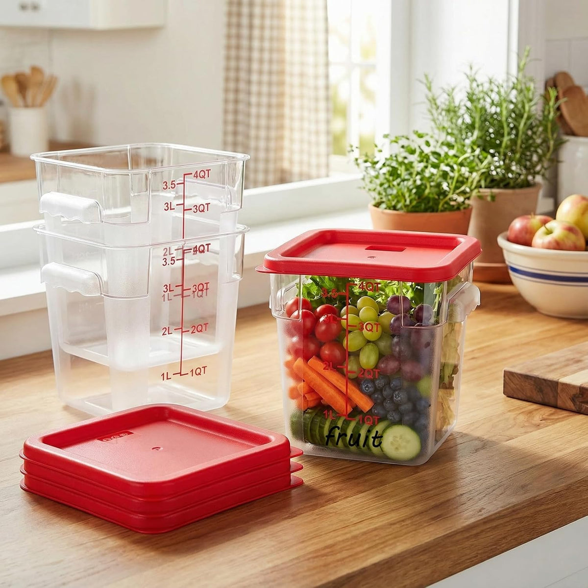 Ziliny 1 Pcs 4 Qt Clear Square Dough Proofing Container with Lid, Red