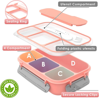 WHALEHOUSE Bento Lunch Box, 1300ML 4 Compartments Meal Prep Container with Utensil, Airtight Food Storage Container with Snap Locking Lids, Microwave/Dishwasher/Freezer Safe, On the Go