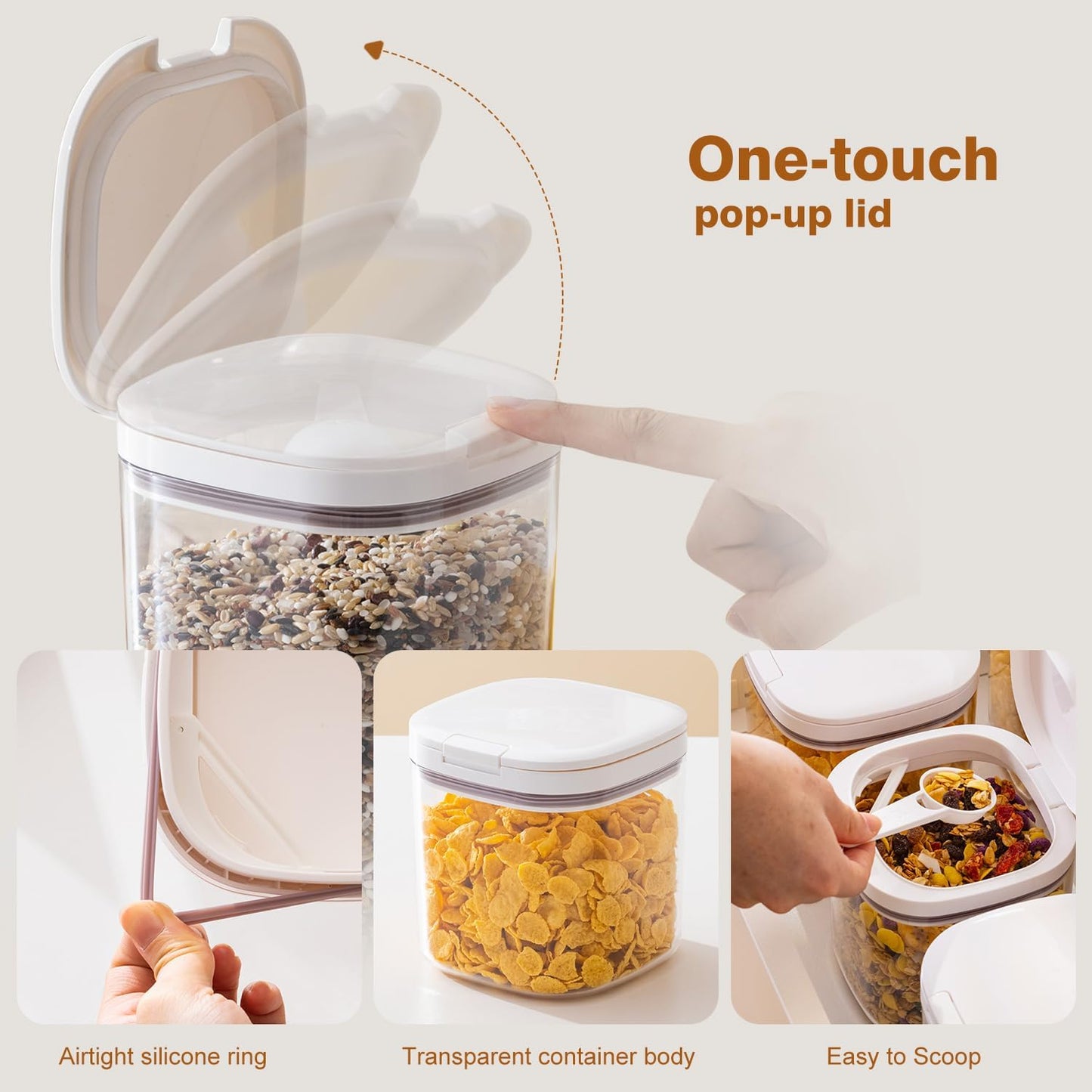 LivLab Mker Cereal Containers with Pop Lid - 1.0L/1.0 Qt Food Storage Dispenser Grain Bin for Candy, Grain, Rice and Snacks, Household for Kitchen Pantry Organization, White