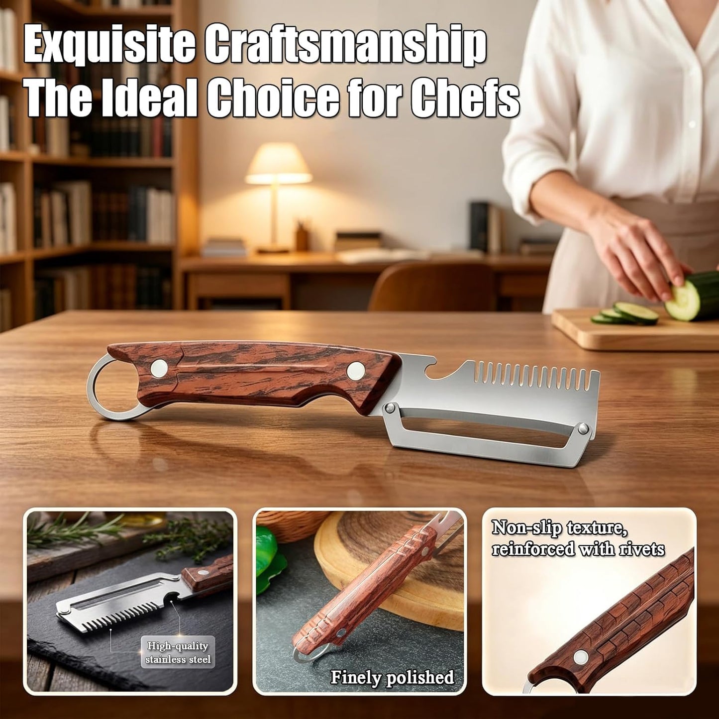 Multifunctional Vegetable Peeler, Vegetable Peeler with Wooden Handle and Bottle Opener, 2PCS 3-in-1 Peeler & Bottle Opener for Fruit Potato Carrot Kitchen Gadget