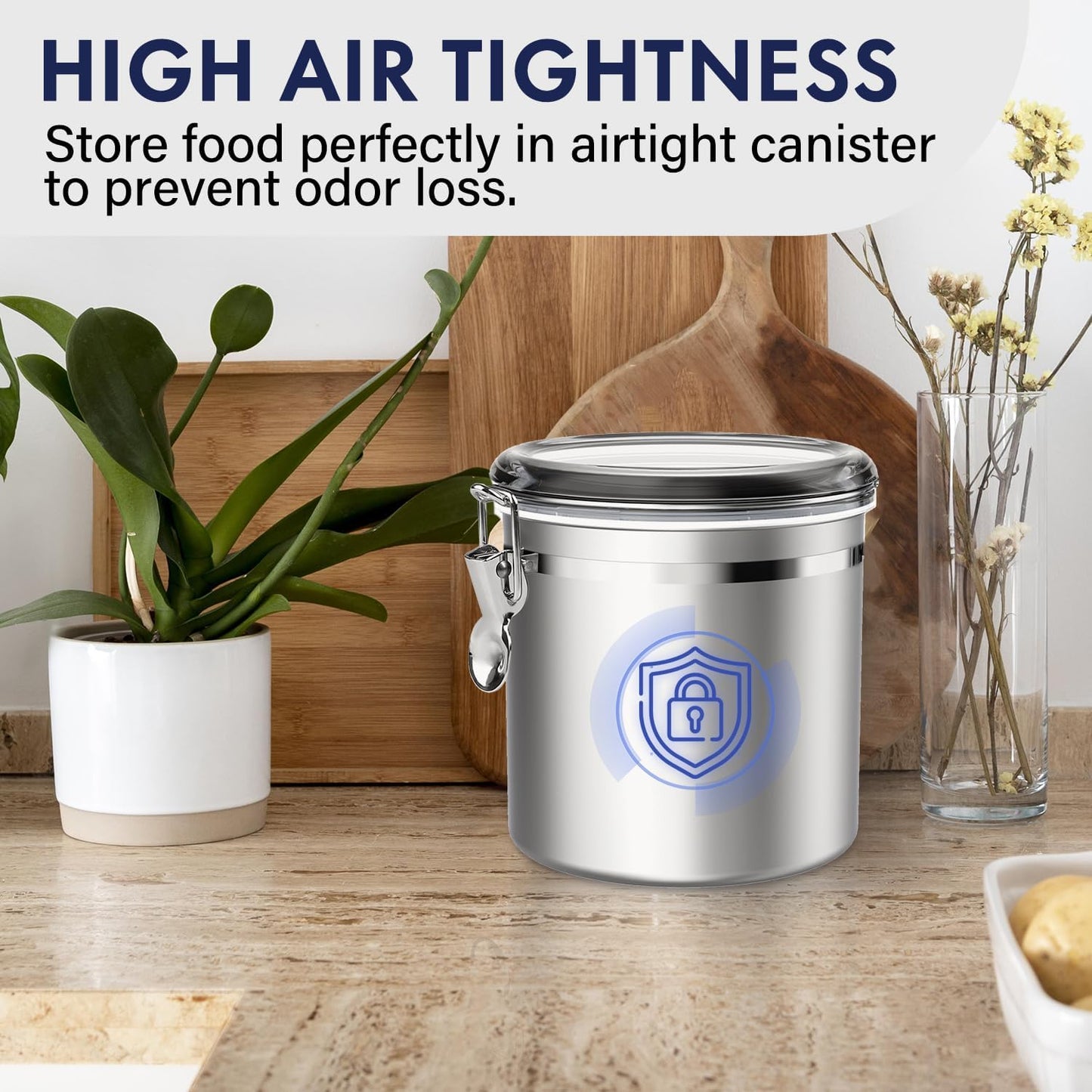 ENLOY 165oz Stainless Steel Airtight Canister for Kitchen, Large Flour Coffee Bean Tea Cereal Sugar Cookie Metal Food Storage Canisters with Clear Lid and Sturdy Locking Clamp (7.7 * 7.7 * 8.4in)