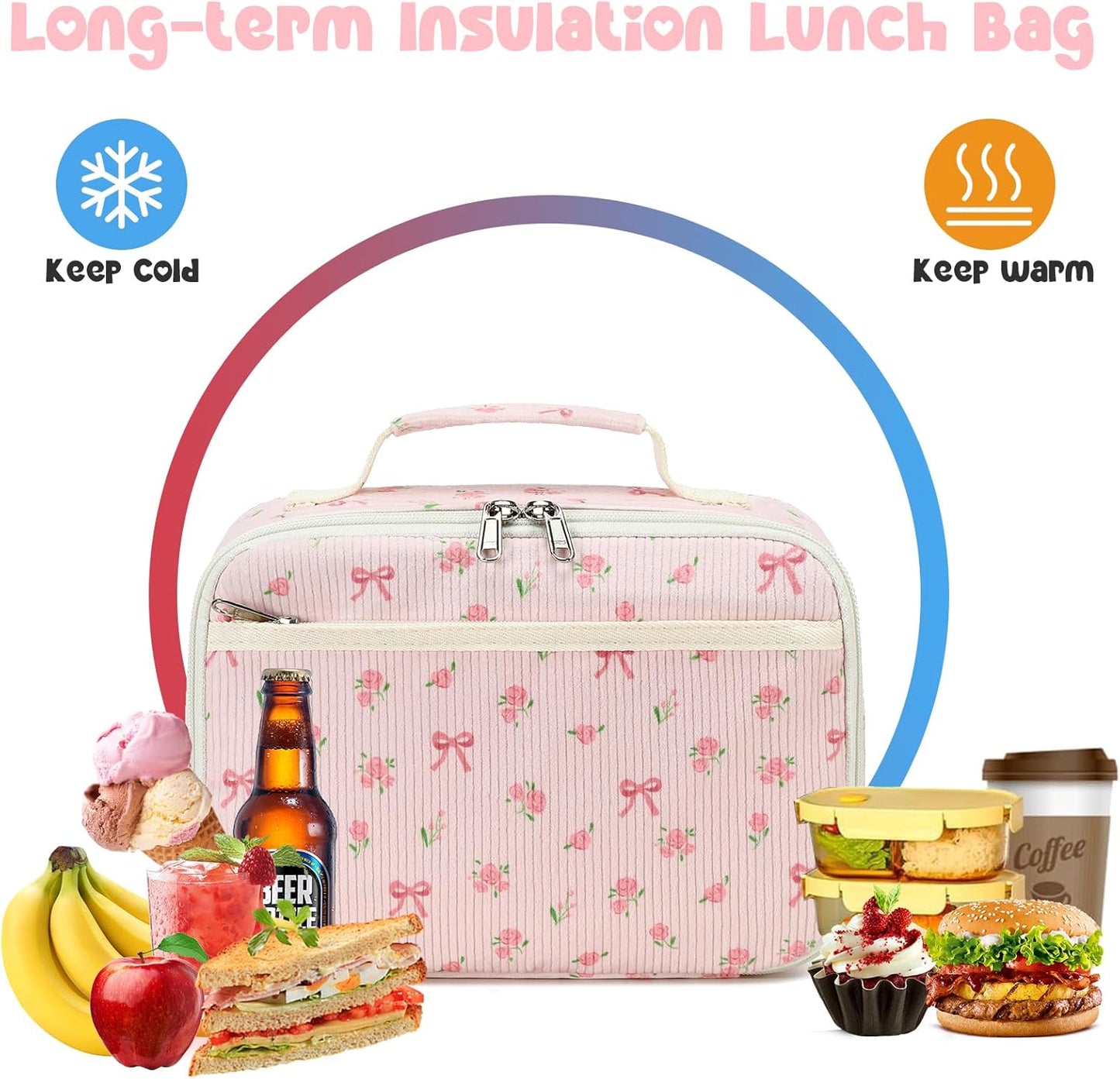 Bluboon Insulated Lunch Bag for Girls & Boys, Corduroy School Lunch Box with Cooler & Organizer Compartments, Leak-Proof Lunch Tote for School, Travel (Corduroy Strawberries Beige)