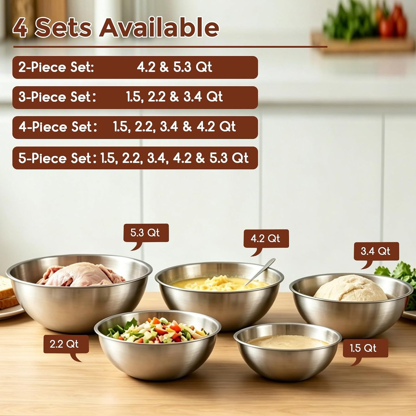 Gronivex 304 Stainless Steel Mixing Bowls, 3-Piece (1.5, 2.2 & 3.4 Qt) | Thicker-Gauge, Food-Grade Metal, Stackable Nesting & Space-Saving – For Kitchen Baking, Salads, Meal Prep, RV & Camping Use