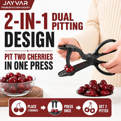 JAYVAR Cherry Pitter Tool with Scissor Handle, Dual-Hole Design