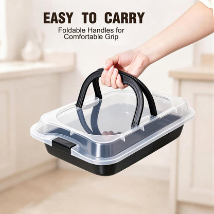 Qinyoung 1 Pcs Cake Baking Pan with Lid and Handle, 9 x 13 Inch Non-stick Rectangle Sheet Cake Pan Carrier for Brownie Roasting Cooking Baking (Black)