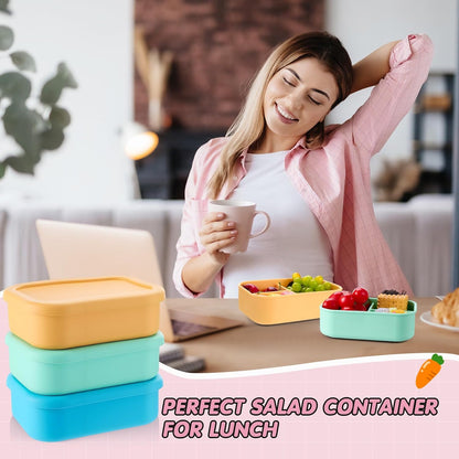 Layhit 4 Pcs Silicone Bento Box for Adults, 27 oz Bento Lunch Container Reusable 3 Compartment Lunchable Food Container for Women Men, Leak Proof Microwave Dishwasher Freezer Safe (Cool Colors)