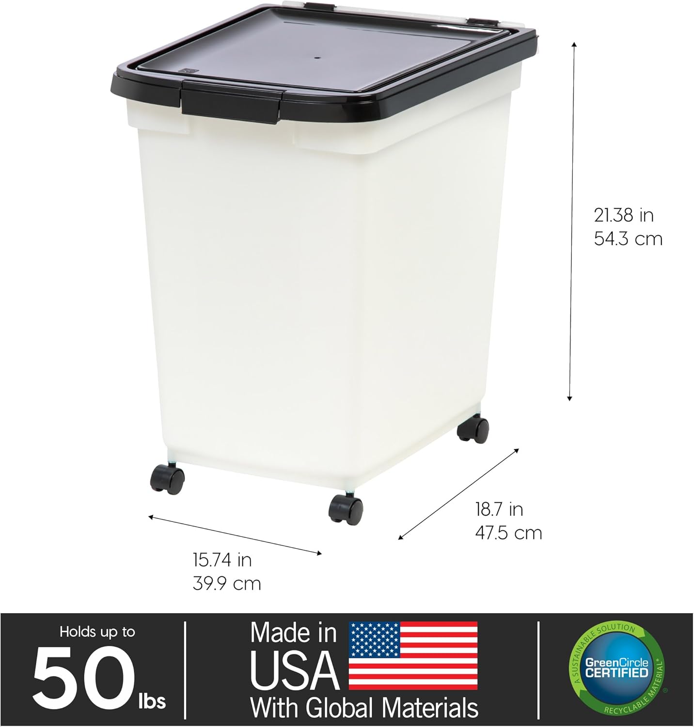 IRIS USA Airtight Dog Food Storage Container, WeatherPro, Up to 25 lbs, Removable Wheels, for Dog Cat Bird and Other Pet Food Storage Bin, Keep Fresh, Translucent Body, Made in USA, Clear/Black