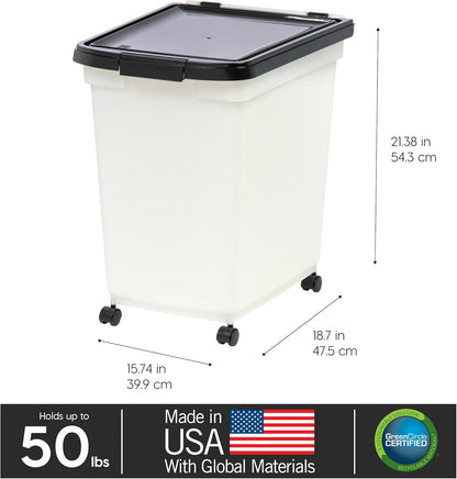 IRIS USA Airtight Dog Food Storage Container, WeatherPro, Up to 25 lbs, Removable Wheels, for Dog Cat Bird and Other Pet Food Storage Bin, Keep Fresh, Translucent Body, Made in USA, Clear/Black