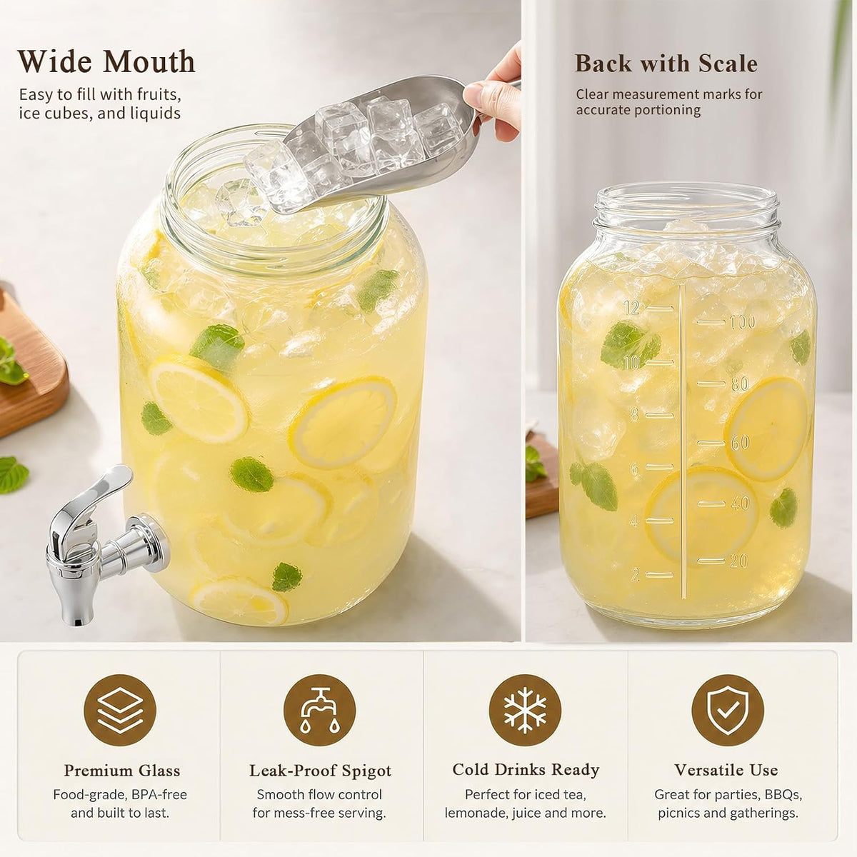 1 Gallon Large Glass Drink Dispensers with Stand for Parties, Glass Iced Beverage Dispensers with Spigot, Reusable Water Dispenser Countertop (2 Pack)