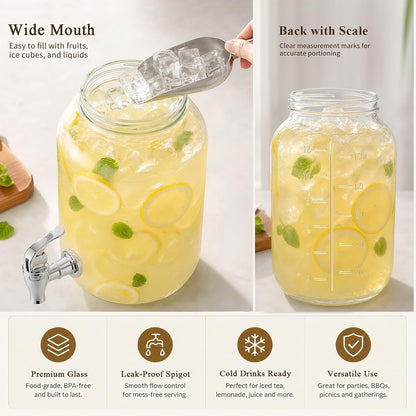 1 Gallon Large Glass Drink Dispensers with Stand for Parties, Glass Iced Beverage Dispensers with Spigot, Reusable Water Dispenser Countertop (2 Pack)