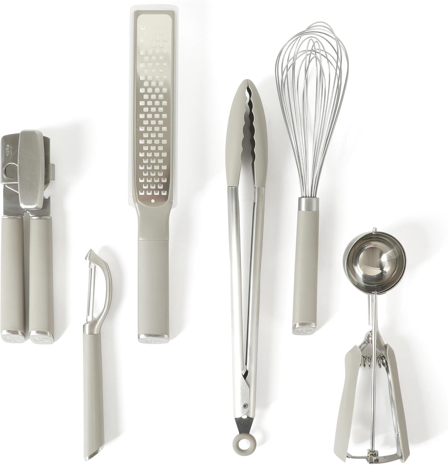Calphalon Edge 6-Piece Stainless Steel Kitchen Tool & Gadget Set, Kitchen Utensil Set with Silicone Accent, Can opener, Straight peeler, Grater, Tongs, Balloon whisk and Scoop (Taupe)