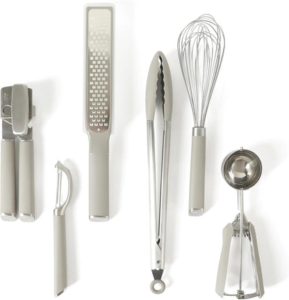 Calphalon Edge 6-Piece Stainless Steel Kitchen Tool & Gadget Set, Kitchen Utensil Set with Silicone Accent, Can opener, Straight peeler, Grater, Tongs, Balloon whisk and Scoop (Taupe)