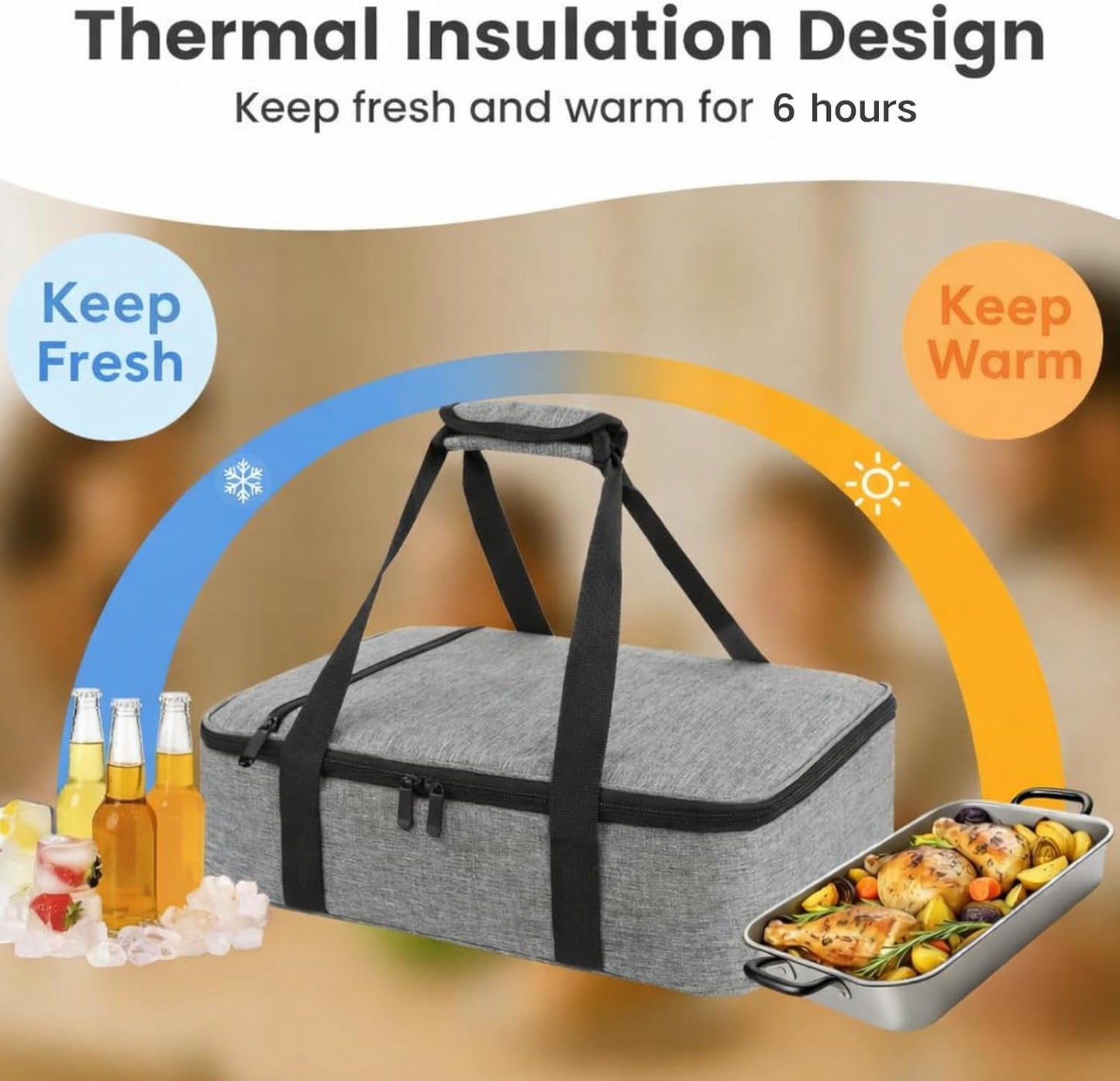 Insulated Resuable Casserole Carrier Bag for Hot or Cold Food, Foldable Portable Prep Carrier, Thermal Food Transport Bag for 9''x13'' & 11''x15'' Baking Pan, Travel Picnic Cake Dessert lunch, Black