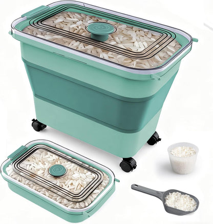 Komzon Rice Storage Container, Collapsible Airtight 10-40 Lb Rice Storage Container, 25lb Pet Dog Food Storage Container, Rice Dispenser Bin with Cup and Scoop for Flour Cereal Pasta Grain, Cat Bird