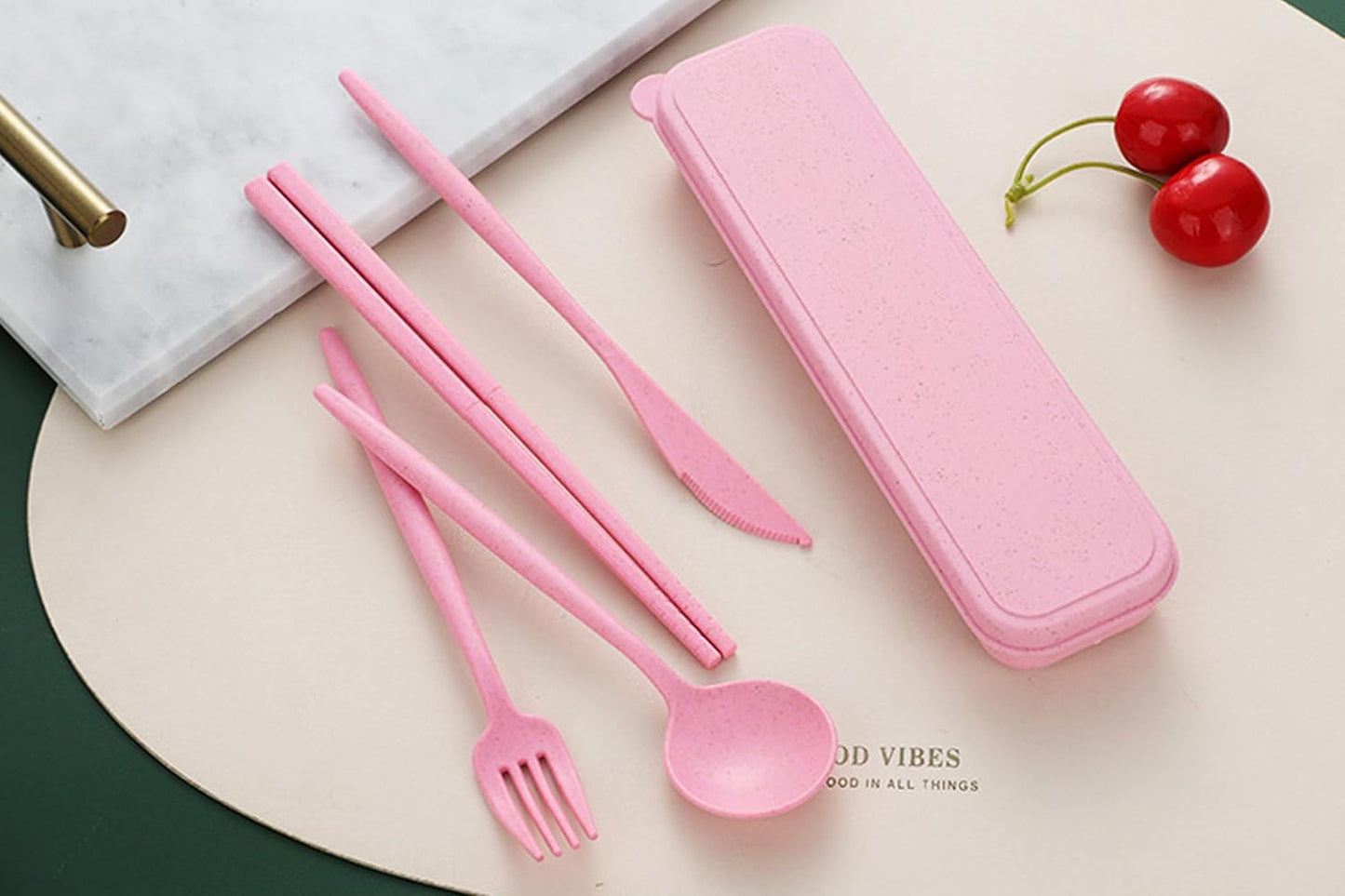 6 Sets Travel Utensils Set, Wheat Straw Reusable Cutlery with Case, Portable Camping Cutlery Set Spoon Fork Knife, On-the-Go Flatware for Lunch Picnic Office