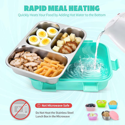 Kids Stainless Steel Bento Box, 3 Compartments Leakproof Lunch Box, Portable Food Storage Containers with Silicone Lids BPA-Free for Office, Picnics, Travel, Blue