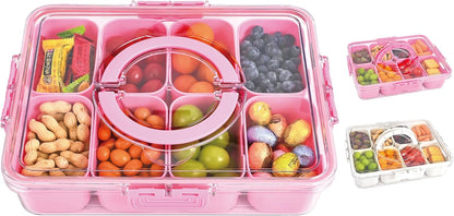 Snackle Box Container, 8 Compartment Divided Serving Tray with Lid and Handle, Snack Box Container for Candy, Fruit and Snacks, Great for Gatherings, Outings, Parties and Entertaining（Pink）