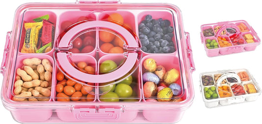 Snackle Box Container, 8 Compartment Divided Serving Tray with Lid and Handle, Snack Box Container for Candy, Fruit and Snacks, Great for Gatherings, Outings, Parties and Entertaining（Pink）
