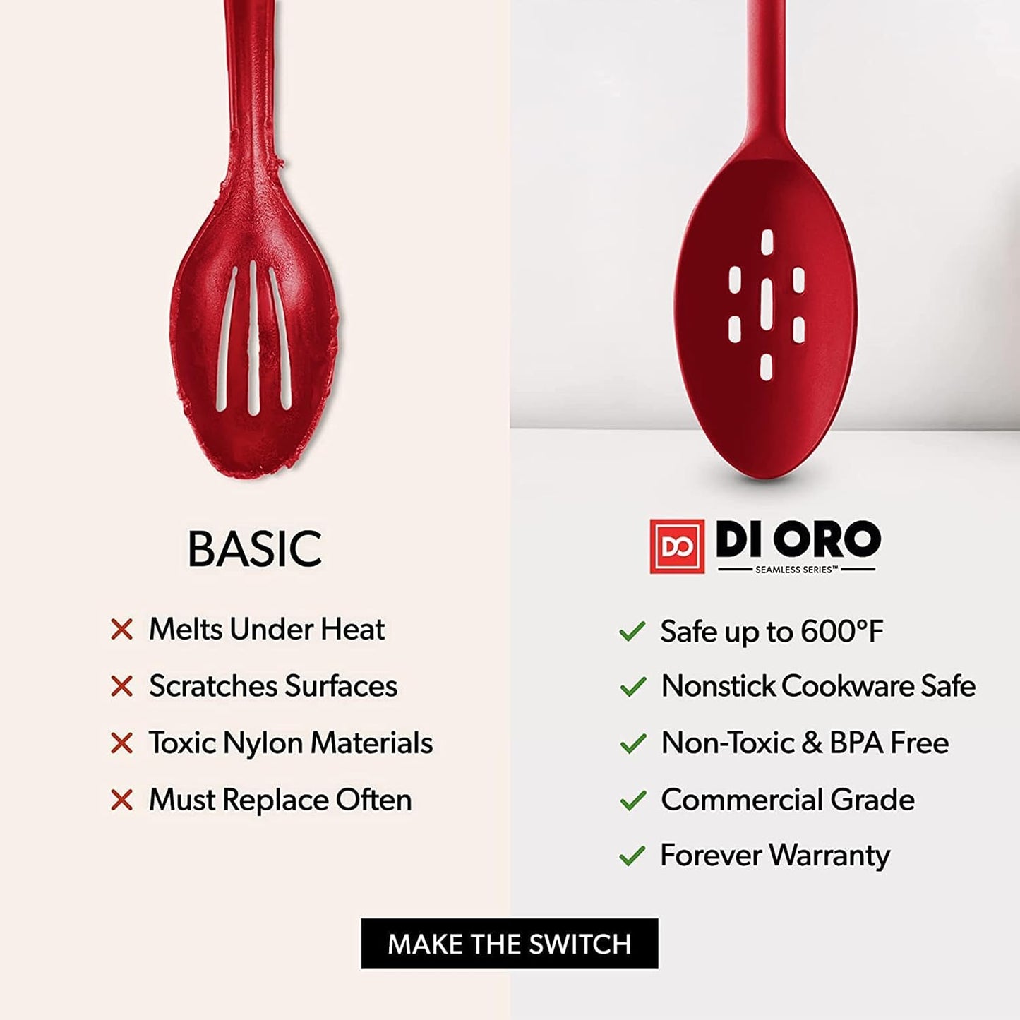 DI ORO Silicone Spoons for Cooking - Large Kitchen Spoons for Mixing, Serving, & Stirring - 600°F Heat-Resistant Non Stick Utensils – Big Solid & Slotted - Dishwasher Safe (2pc, Black)