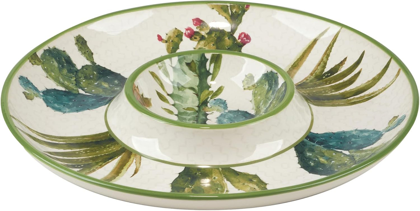 Cactus Verde 13.75" Round Chip and Dip Platter – Durable Ceramic Chip & Salsa Server with Southwestern Cactus Art – Perfect for Outdoor Parties, BBQs, Appetizers, and Entertaining