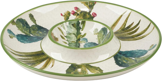Cactus Verde 13.75" Round Chip and Dip Platter – Durable Ceramic Chip & Salsa Server with Southwestern Cactus Art – Perfect for Outdoor Parties, BBQs, Appetizers, and Entertaining