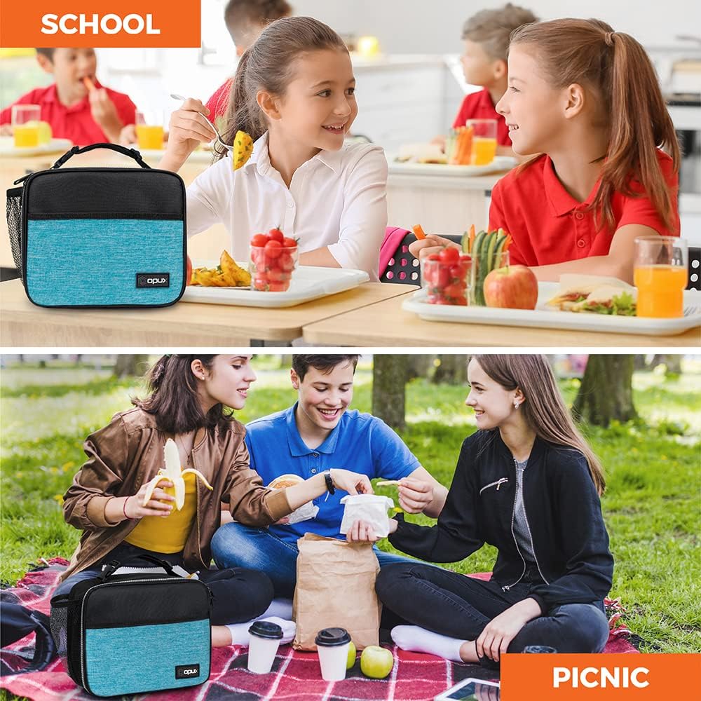 opux Insulated Lunch Bag Kids, Lunch Box for School Boy Girl, Leakproof Small Reusable Compact Soft Mini Cooler Bag, Toddler Small Lunch Boxes Kit Pail with Front Side Pockets (Purple)