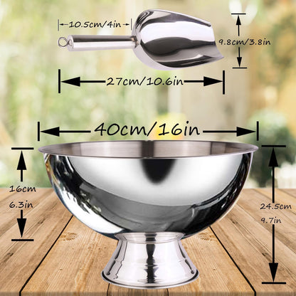 Large Ice Bucket 13L Stainless Steel Champagne Bowl Ice Bucket with Ice Scoop Semicircle Drink Tub with Integrated Base Silver Beverage Tub for Parties, Cocktail Bar, Chilling Wine (1 Pack-Silver)