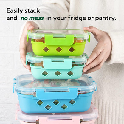 10 Pack Glass Meal Prep Containers with Removable Silicone Sleeves,Food Storage Container Set with Airtight Lids (34oz+12oz)
