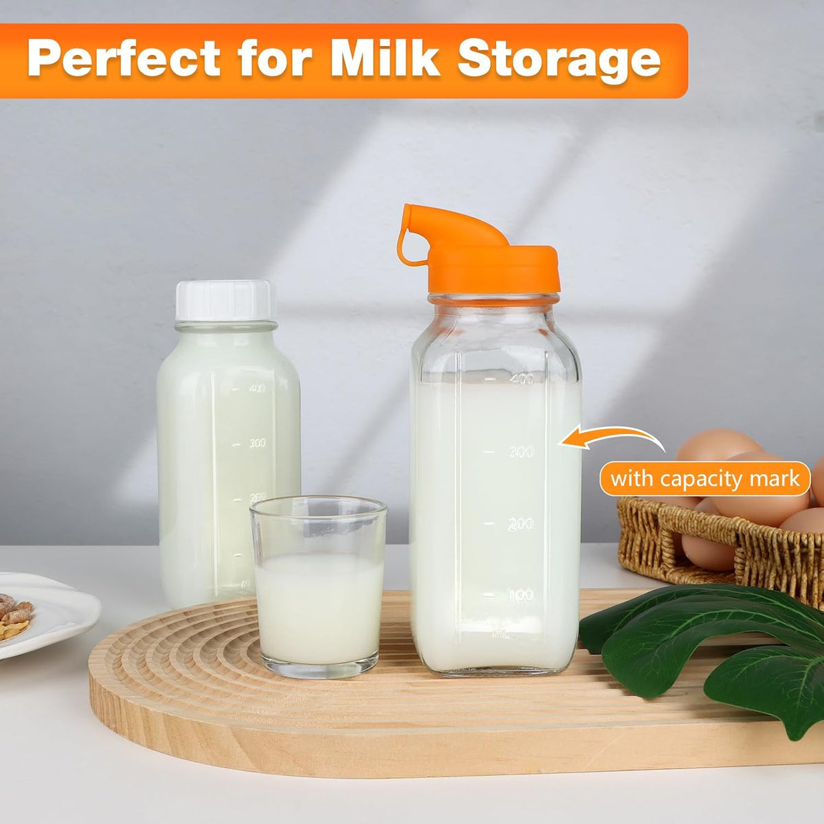 HINGWAH 4 Pack 16 OZ Glass Milk Bottles with Lids