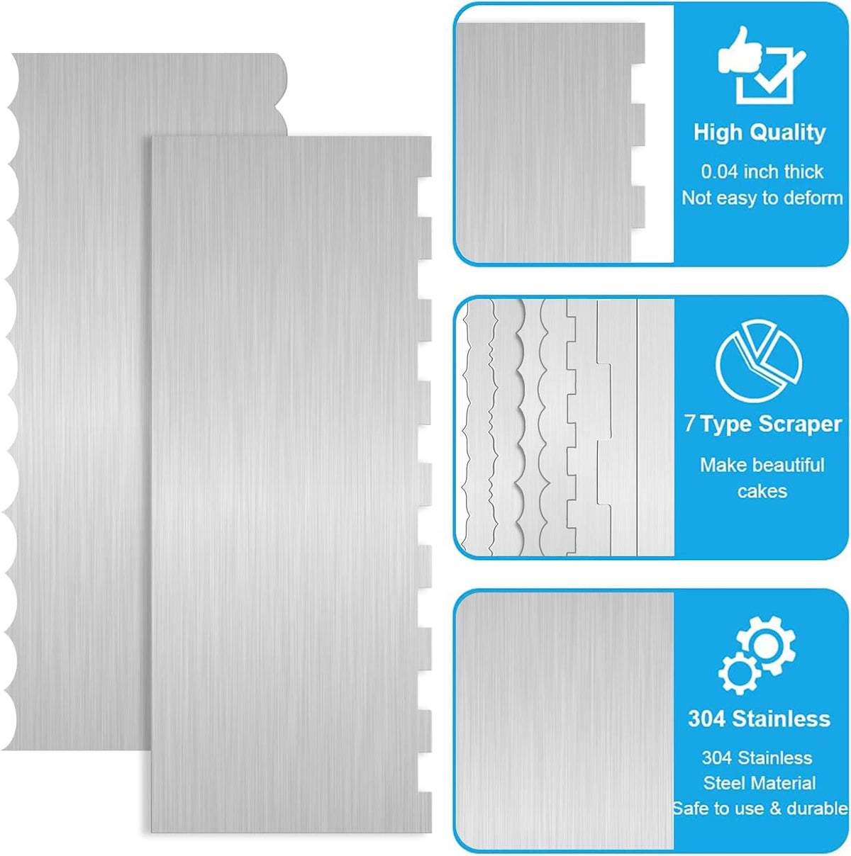 2Pcs 9 Inch Stainless Steel Cake Scrapers, Double-Sided Icing Combs