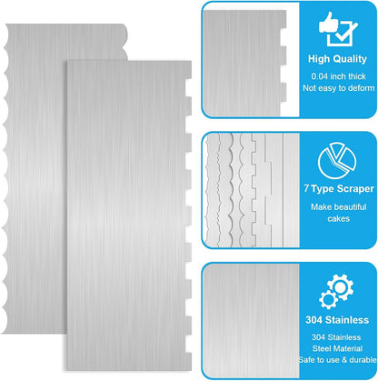 2Pcs 9 Inch Stainless Steel Cake Scrapers, Double-Sided Icing Combs