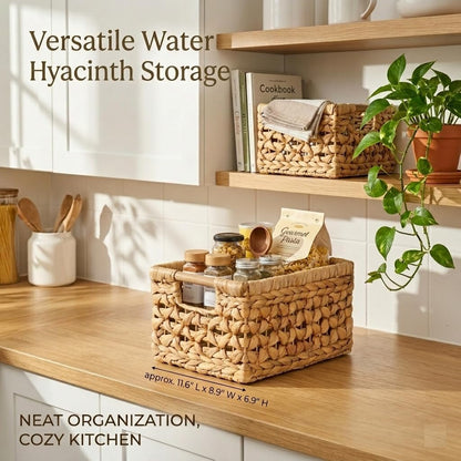 NAYA 11.6" Water Hyacinth Medium Wicker Shelf Basket – Storage Bin | Handwoven water hyacinth shelf basket with sturdy handles for pantry, towels and everyday home organization.