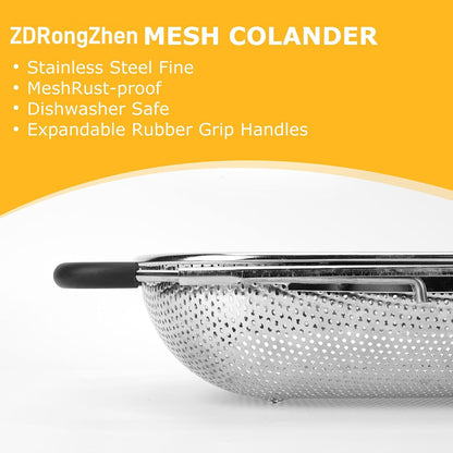 ZDRongZhen Kitchen Accessories Over the Sink Colander Strainer Basket，Stainless Steel Colander with Expandable Rubber Grip Sink Drainer-Rinse Vegetables Fruits &Strain&Drain (Large-Fine mesh)