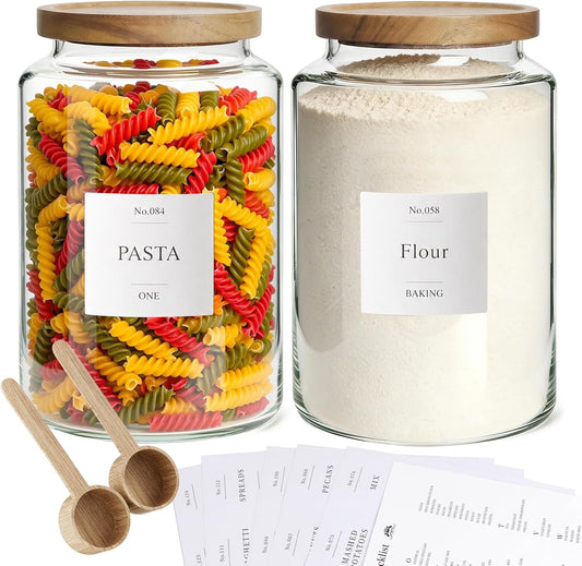 2 PCS Flour Sugar Storage Containers Glass Jar, 4000ml/1 Gallon/4.2 Qt/135oz,Large Glass Food Storage Jars with Wood Airtight Lids,for Tea,Spice,Cereal Rice Flour Pasta Sugar