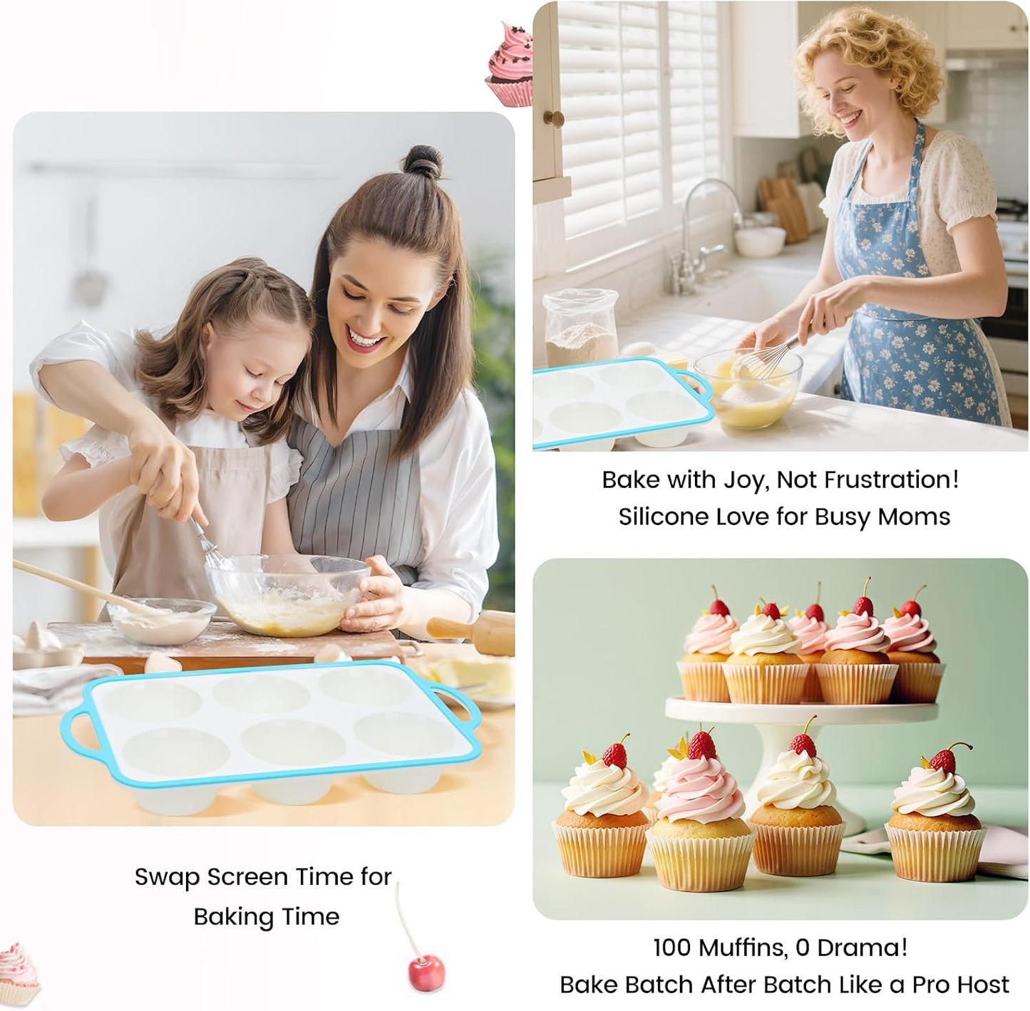 Silicone Muffin Pans for Baking 2 Pack, 2.6 Inch with Metal Reinforced Frame, Regular Size Nonstick Cupcake Pan 12 Cups for Baking Homemade Muffins, Dishwasher Safe BPA Free-Blue
